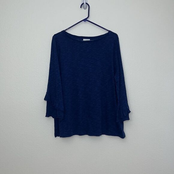 J Jill Ruffle Sleeve Top Linen Cotton Blend Blue Sz Large - Picture 3 of 10